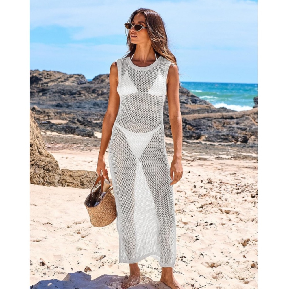 Women’s White Mesh Swim Coverup Dress Sz M